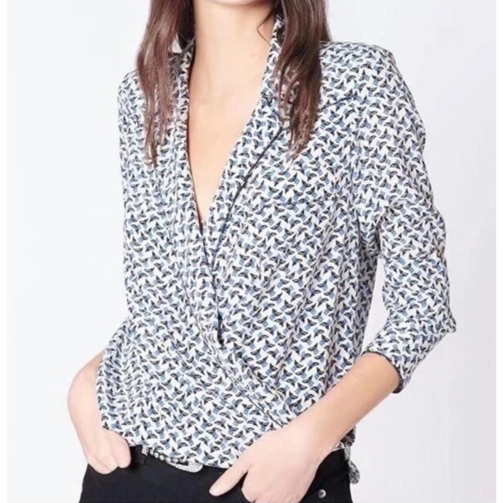 Veronica Beard Silk Denim Worth Western Wrap Blouse 12 Pearl Snaps on‎ Cuffs